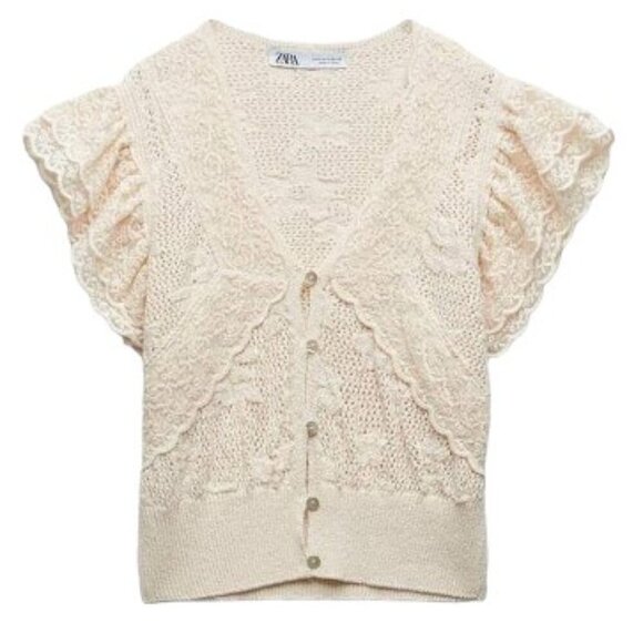 Zara Lace Trim Pointelle Crochet Knit Top - Picture 1 of 8
